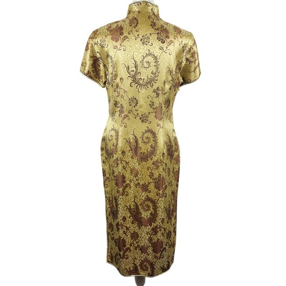Modern Cheongsam Traditional Gold Brown Embroidery Floral Swirl Dress Korean 38 - Picture 3 of 16